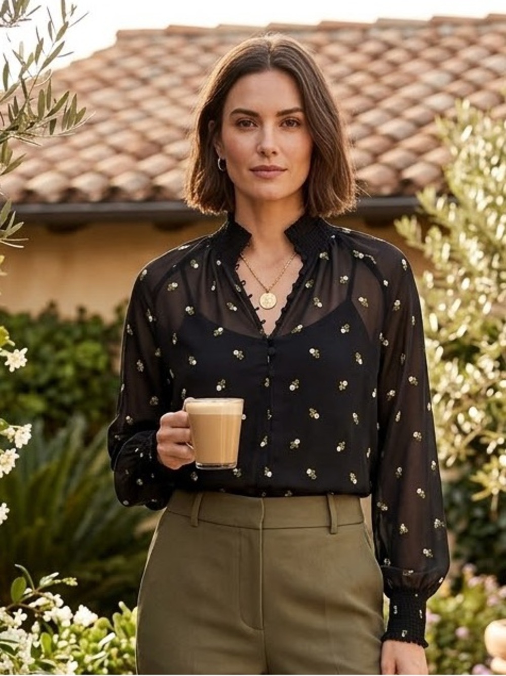 CAbi Alegria Floral Embroidered Sheer Blouse Style 5338